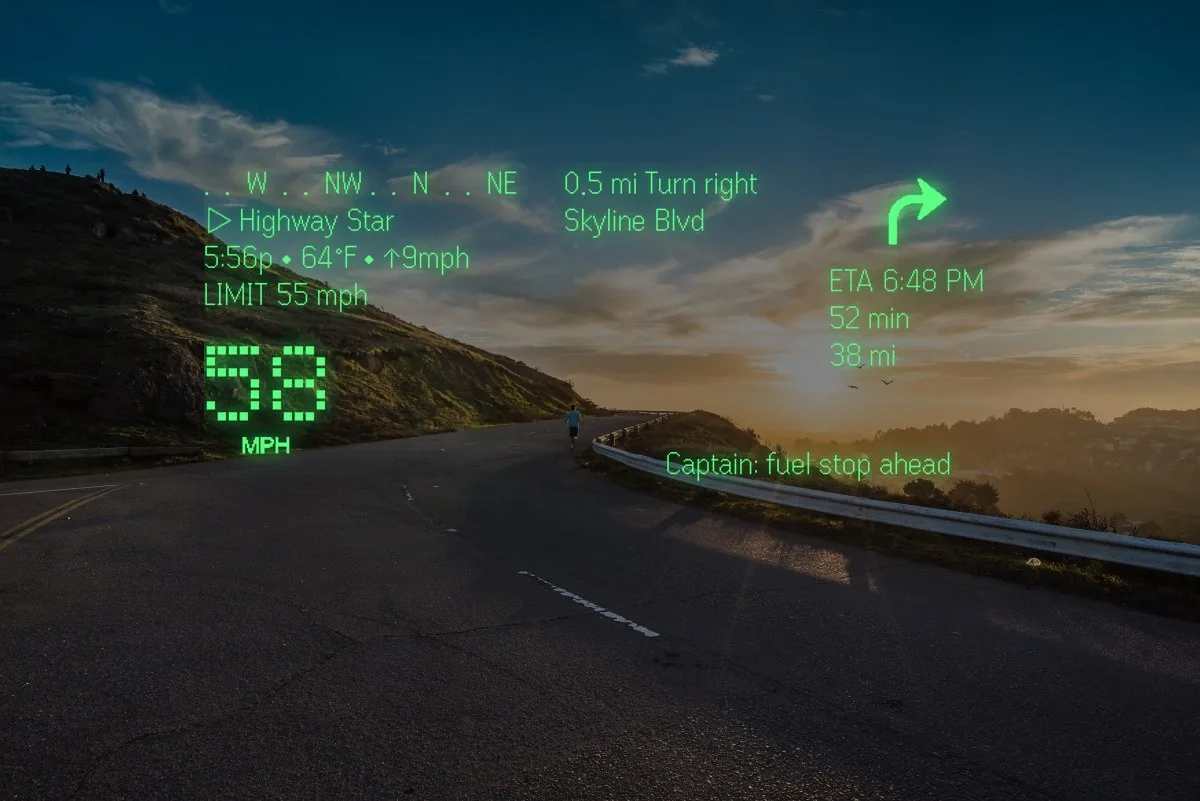 A coast road curving into the sunset: compass ribbon at 332°, the posted 55 beside your 58 mph, the turn onto Skyline Blvd in 0.5 mi, ETA 6:48 PM, and a group-ride message: Captain: fuel stop ahead.