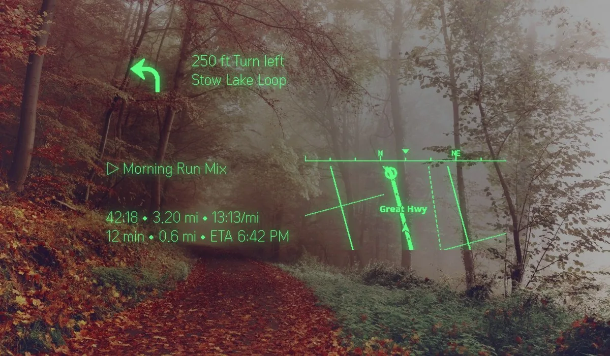 A foggy park path: turn left onto Stow Lake Loop in 250 ft, Morning Run Mix playing, 42:18 elapsed, 3.20 mi at 13:13 a mile, 12 min and 0.6 mi to go, ETA 6:42 PM, with a mini-map.